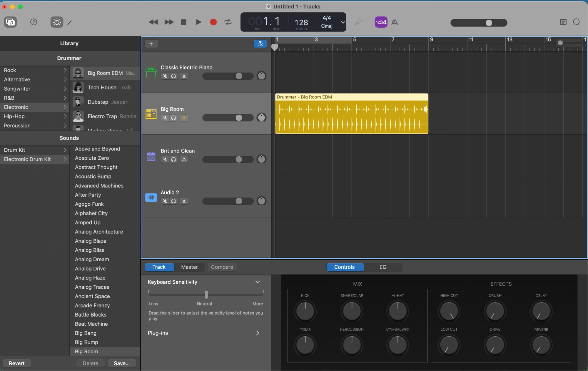 The GarageBand Drummer library, organized by genre (Rock, Alternative, Songwriter, R&B, Electronic, Hip-Hop, Percussion), with Big Room EDM selected and its region placed on the track below
