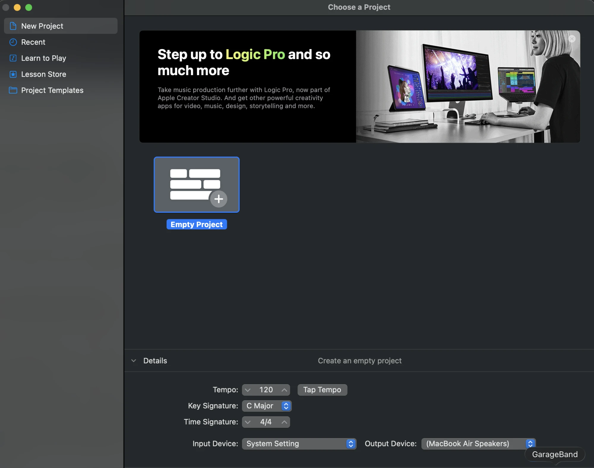 The GarageBand project chooser, showing the Empty Project template selected and the Details panel with tempo, key signature, time signature, and input/output device settings