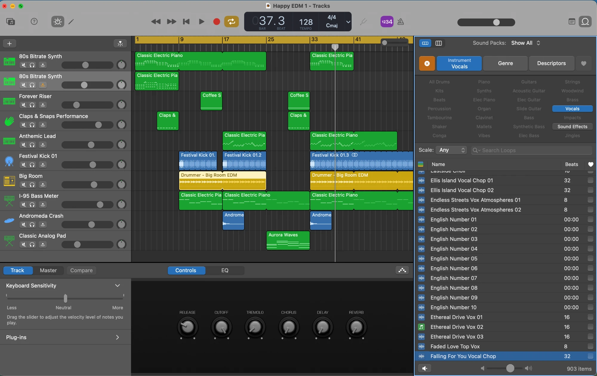A GarageBand project in progress, showing the control bar along the top, a track area full of audio and software instrument tracks in the middle, the Loop Browser open on the right, and Smart Controls open at the bottom